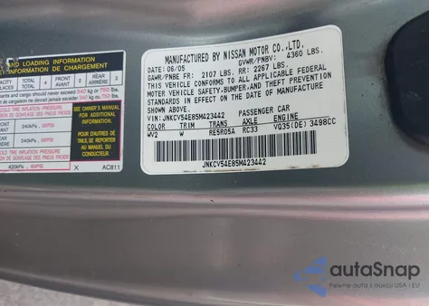 2005 Infiniti G35 z USA, uszkodzony, nr VIN JNKCV54E85M423442